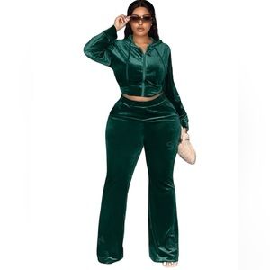 Plus Dark Green Velour Zip Up Drawstring Hooded Jacket & Flare Leg Pants